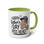 Fathers Day Gift Mug with fun design, green interior, and handle.