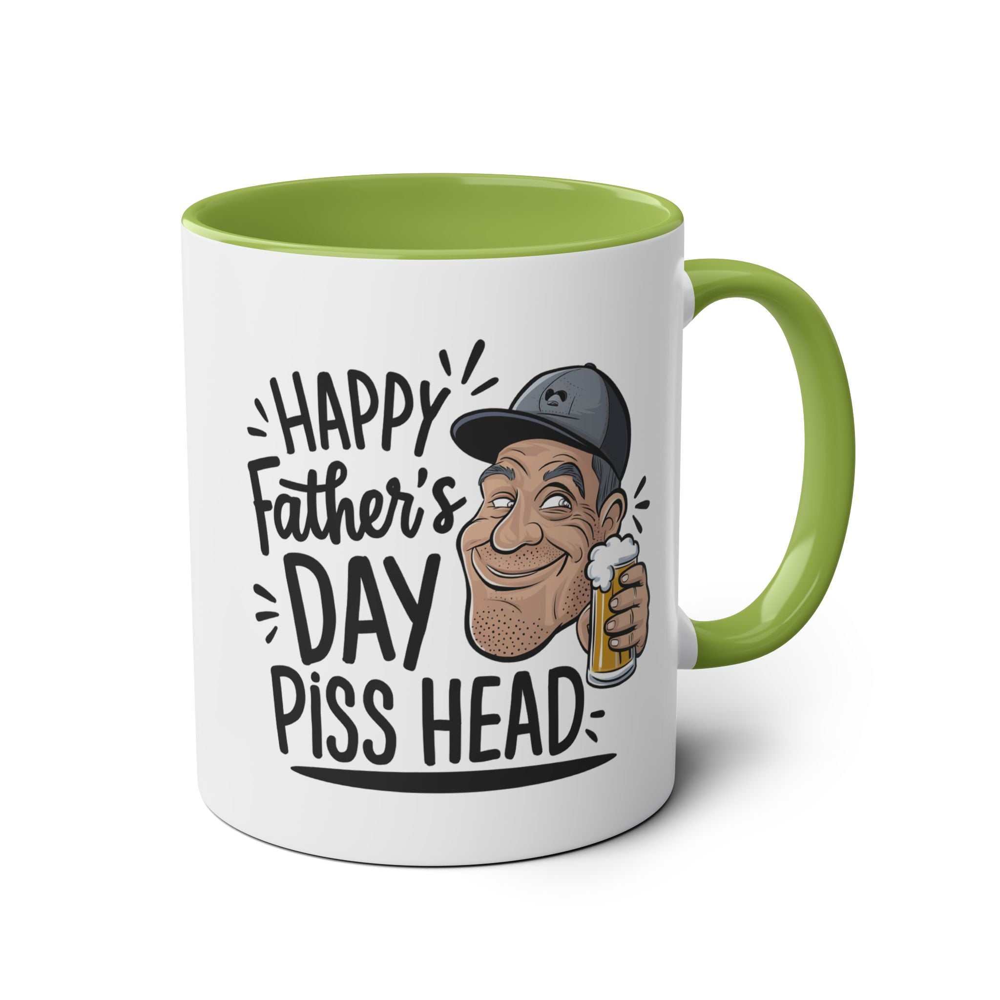 Fathers Day Gift Mug with fun design, green interior, and handle.