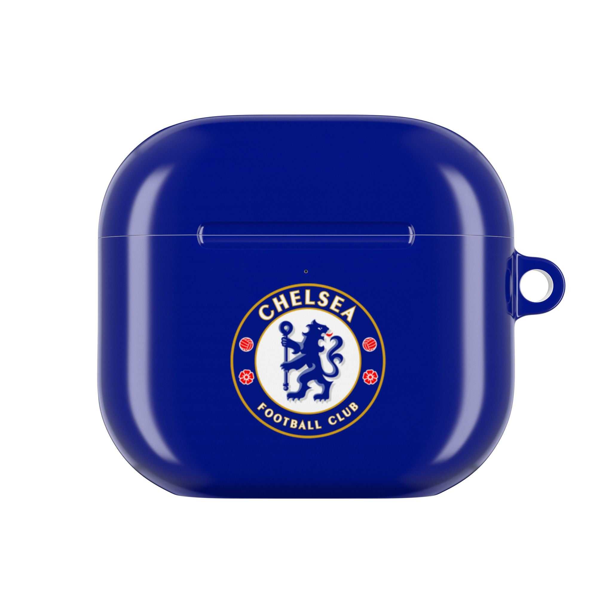 Chelsea FC AirPods protective case in royal blue with club crest, shock-resistant and wireless charging compatible