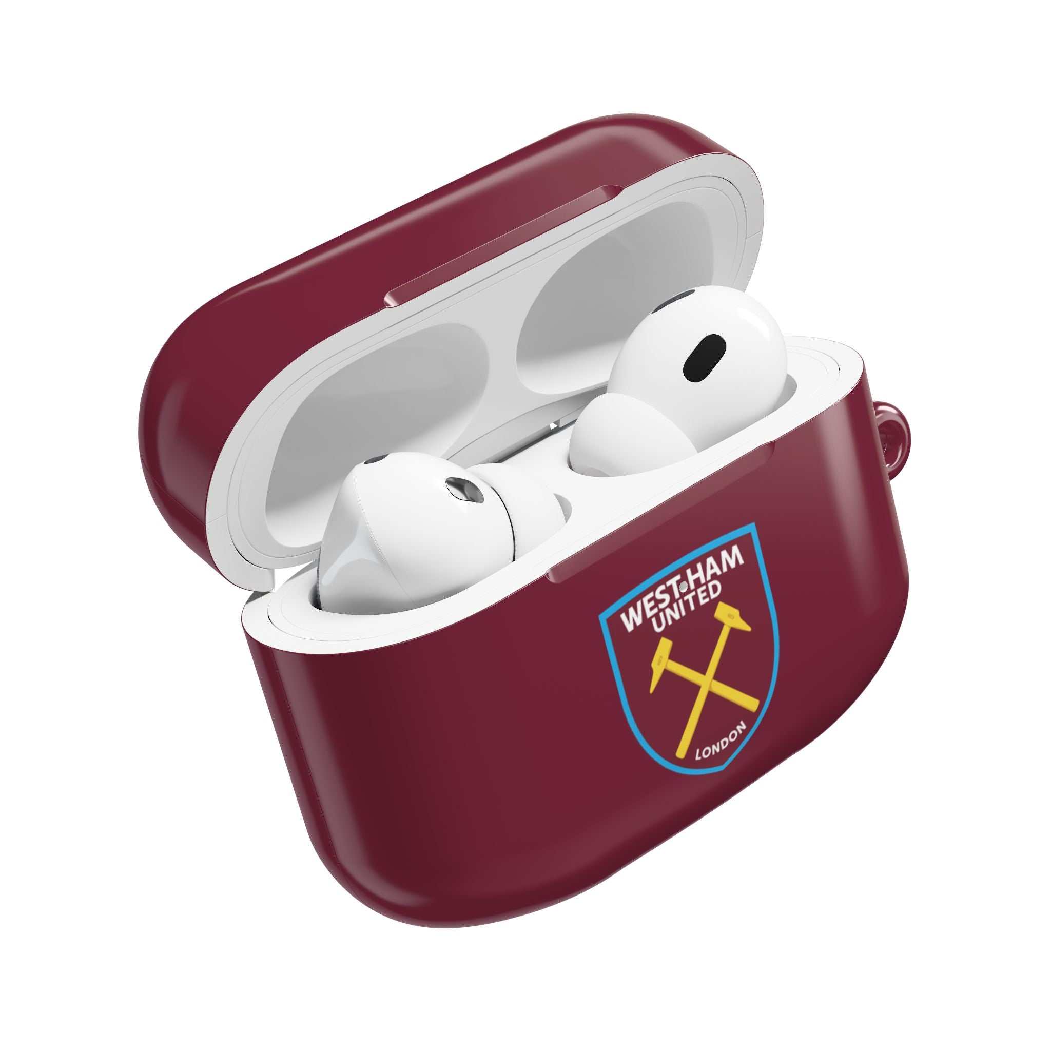 West Ham Utd FC AirPods Pro protective case in claret with crossed hammers crest, shock-resistant and wireless charging compatible