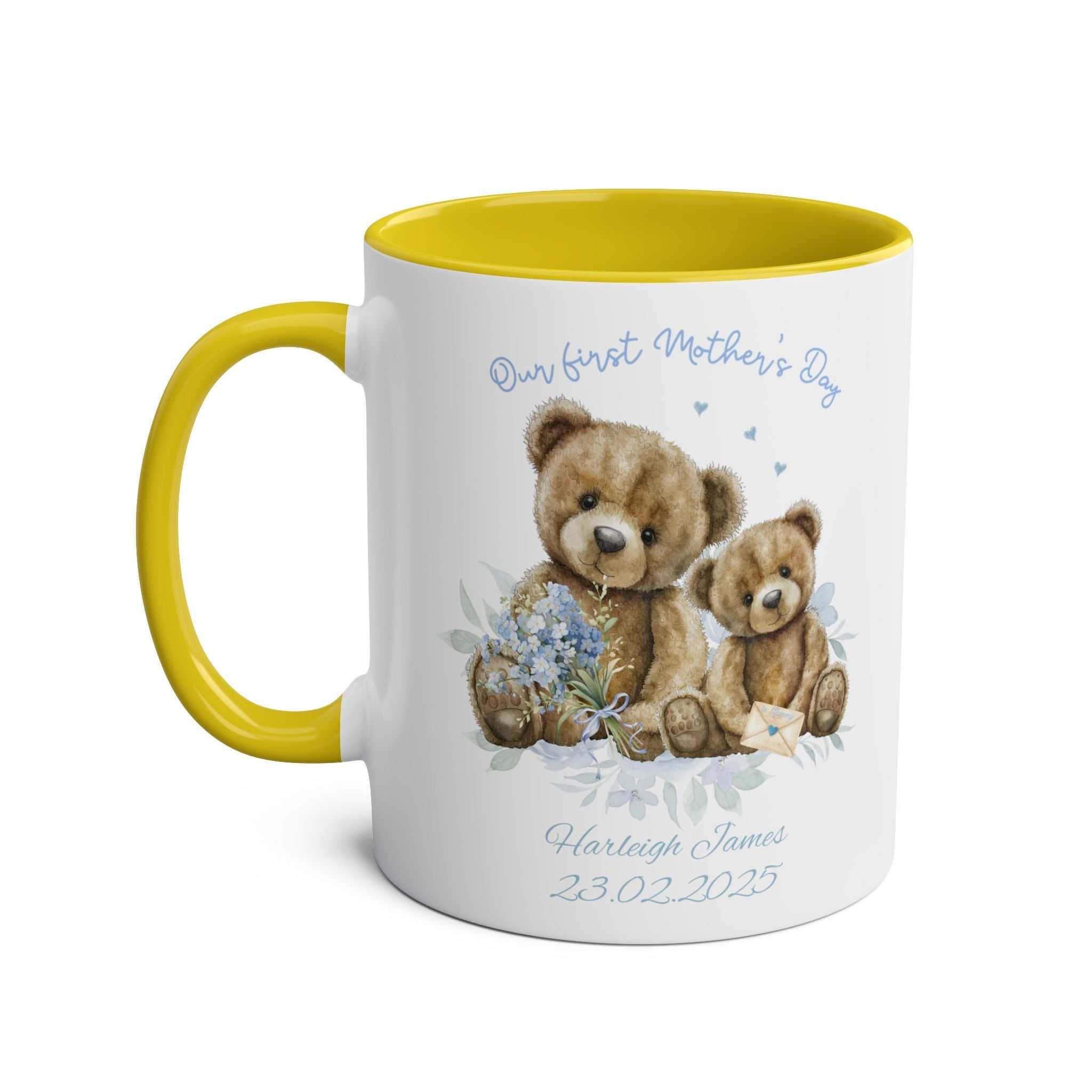 Personalised Our First Mother's Day mug for new moms with teddy bear design.