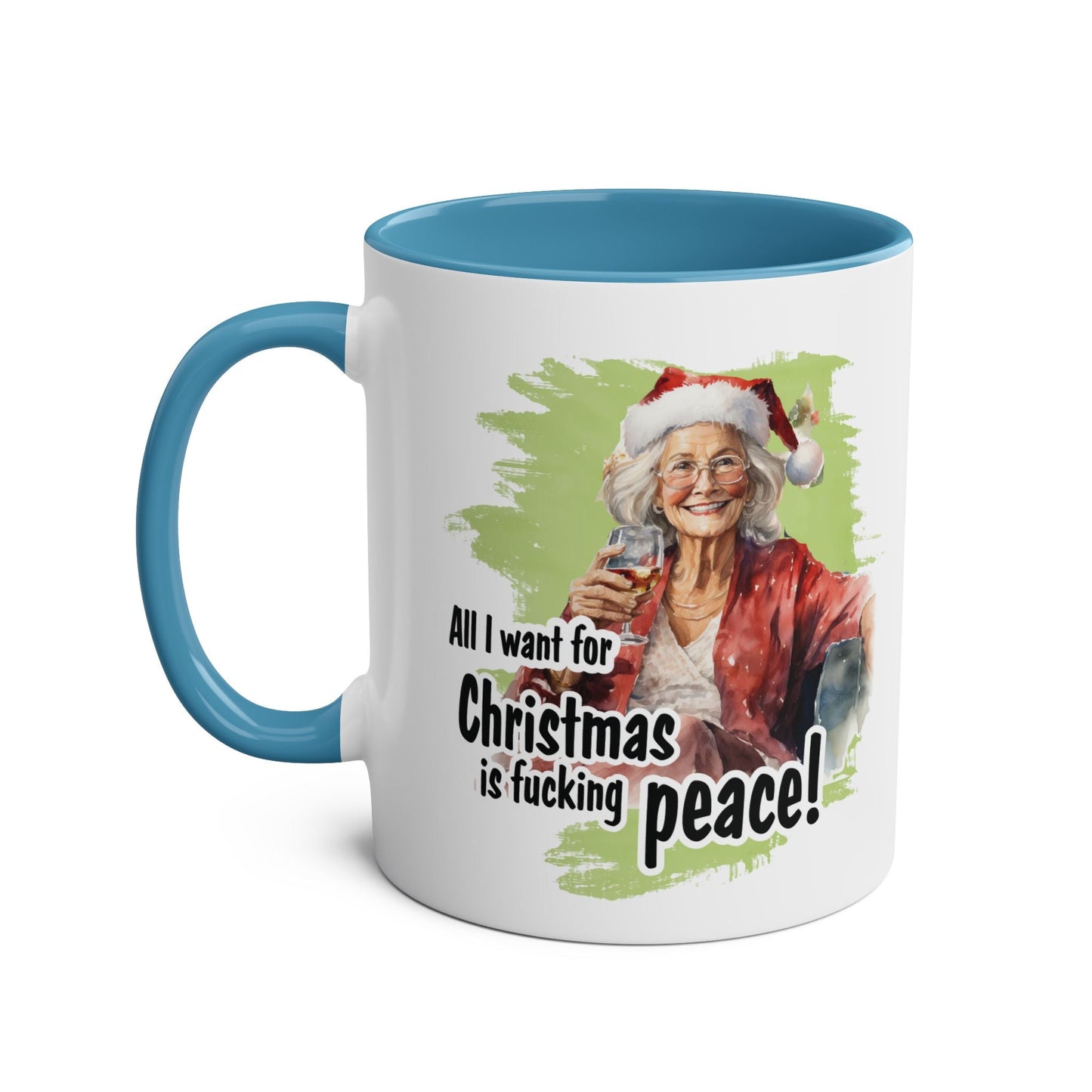 Festive Sweary Granny Christmas Mug with cheeky design, blue handle, and holiday theme.