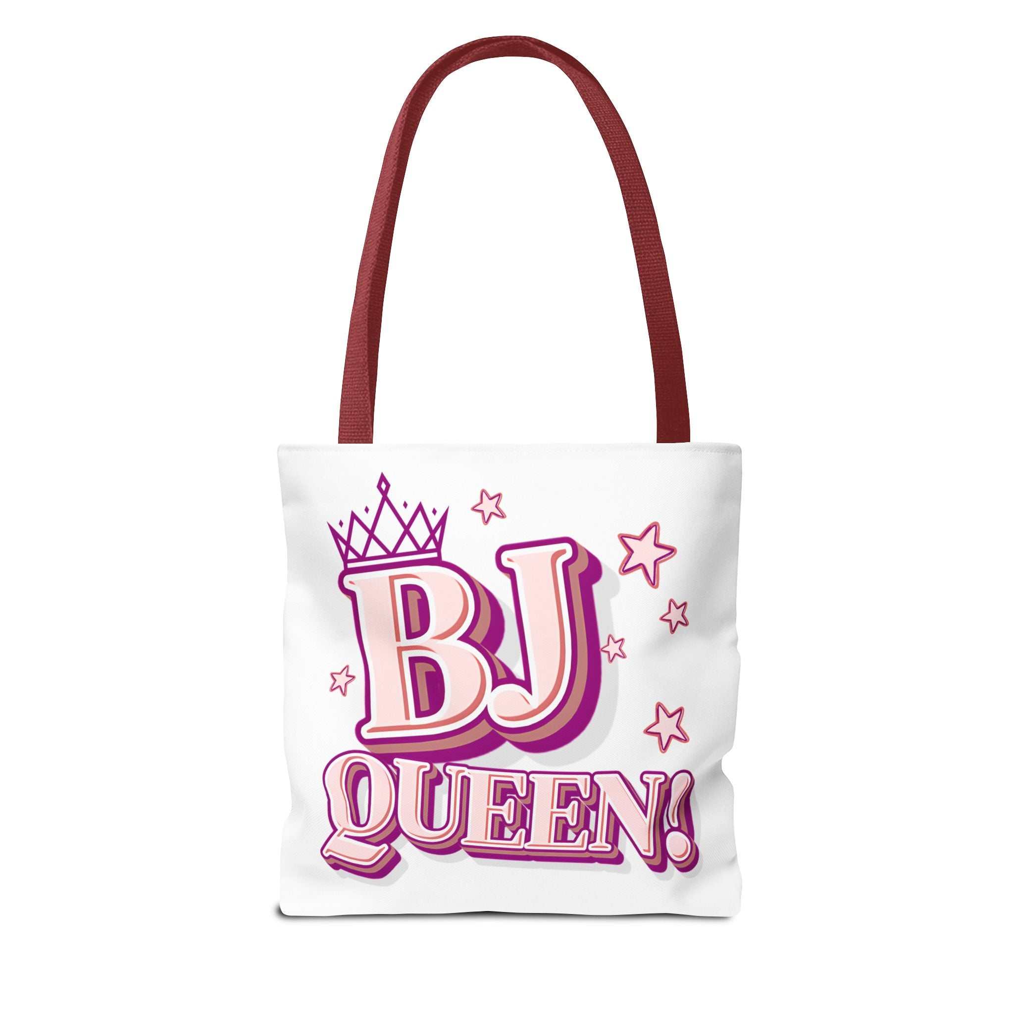 BJ Queen Tote Bag with cheeky design, durable spun polyester, multiple sizes and handle colors