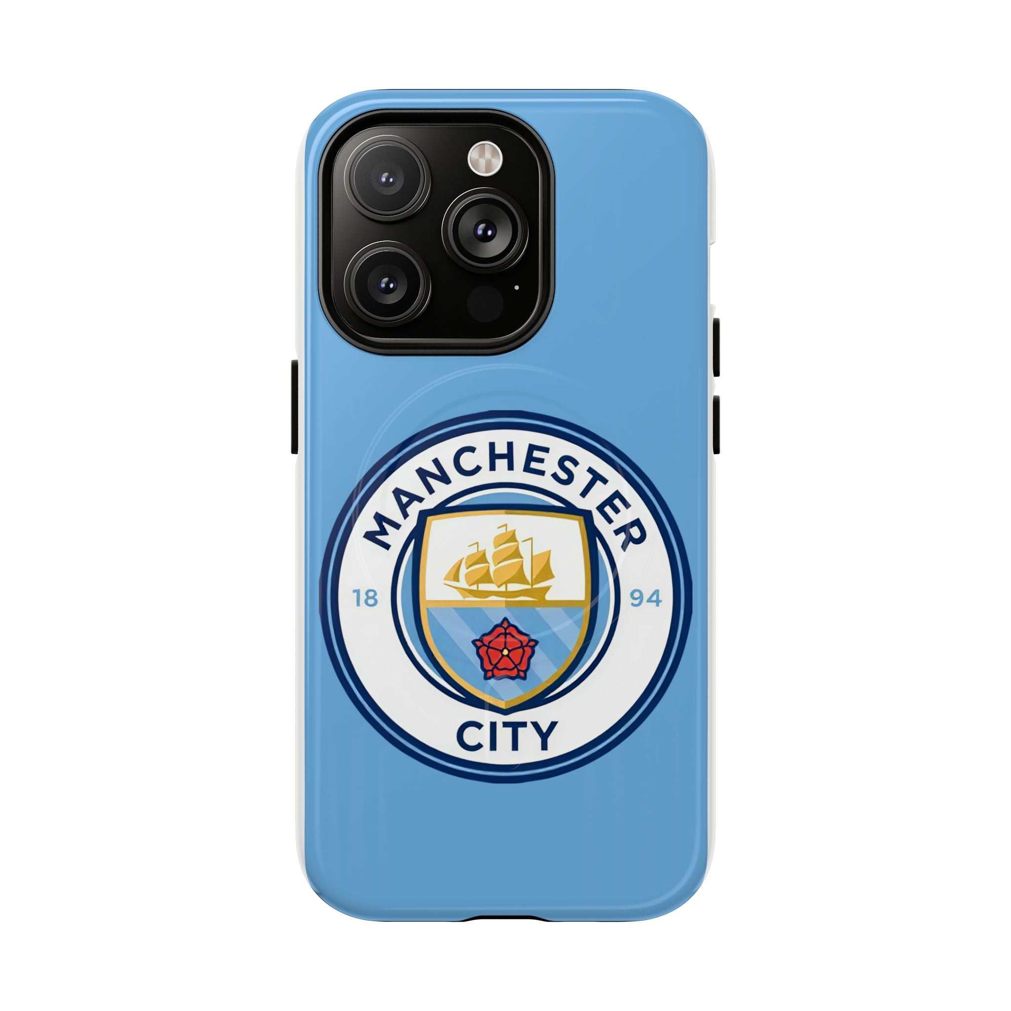 Manchester City MagSafe iPhone case with club logo on sky blue background, dual-layer protection and MagSafe compatibility