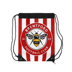 Brentford FC drawstring bag with red and white stripes and bee crest logo, lightweight polyester gym and travel bag