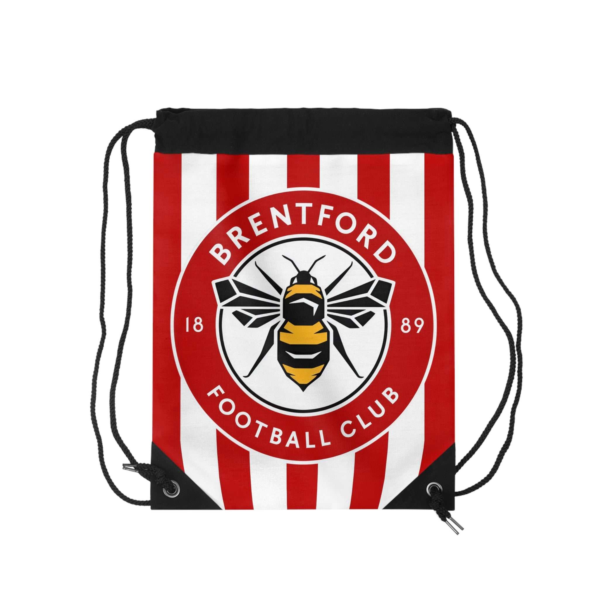 Brentford FC drawstring bag with red and white stripes and bee crest logo, lightweight polyester gym and travel bag