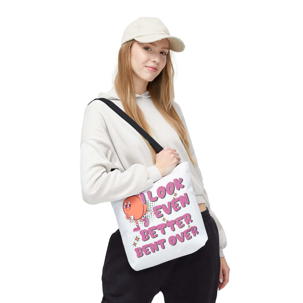 Cheeky I Look Even Better Bent Over tote bag with multiple sizes and colorful handles