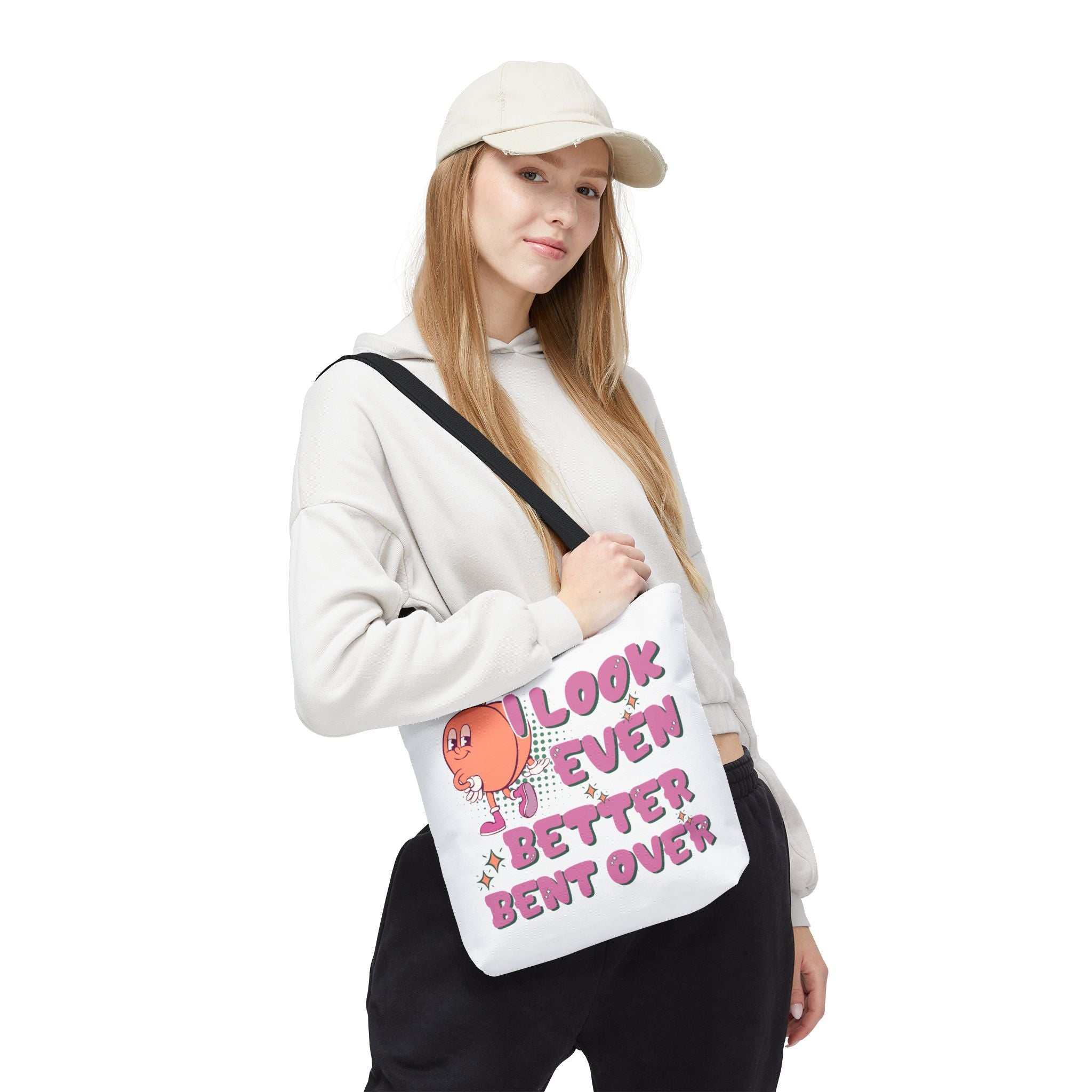Cheeky I Look Even Better Bent Over tote bag with multiple sizes and colorful handles