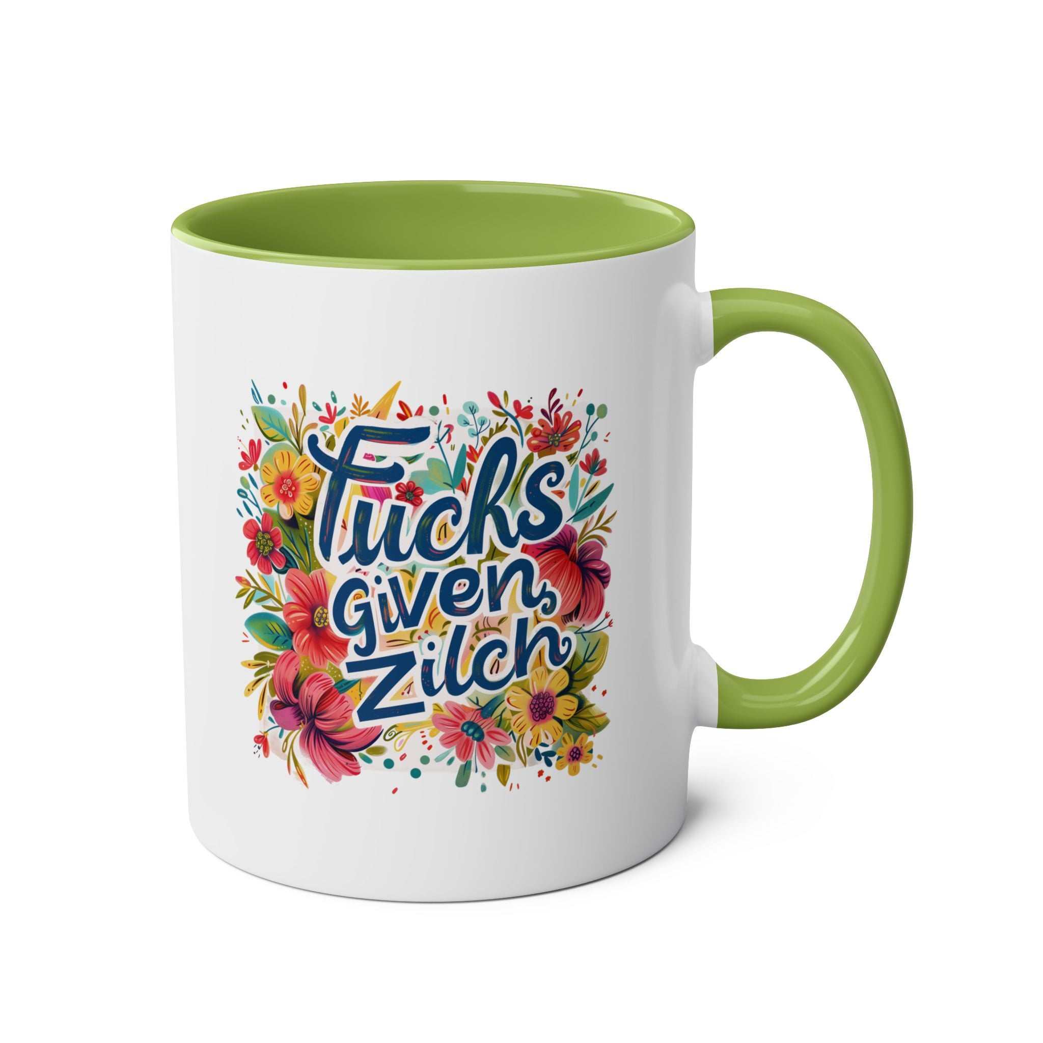 Cheeky "Fucks Given Zilch" coffee mug with colorful floral design, available in 7 colors, 11oz ceramic, microwave and dishwasher safe.