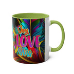 LGBTQ+ Pride Mug with vibrant rainbow design and "Joy Love Bliss" text, green handle and interior.