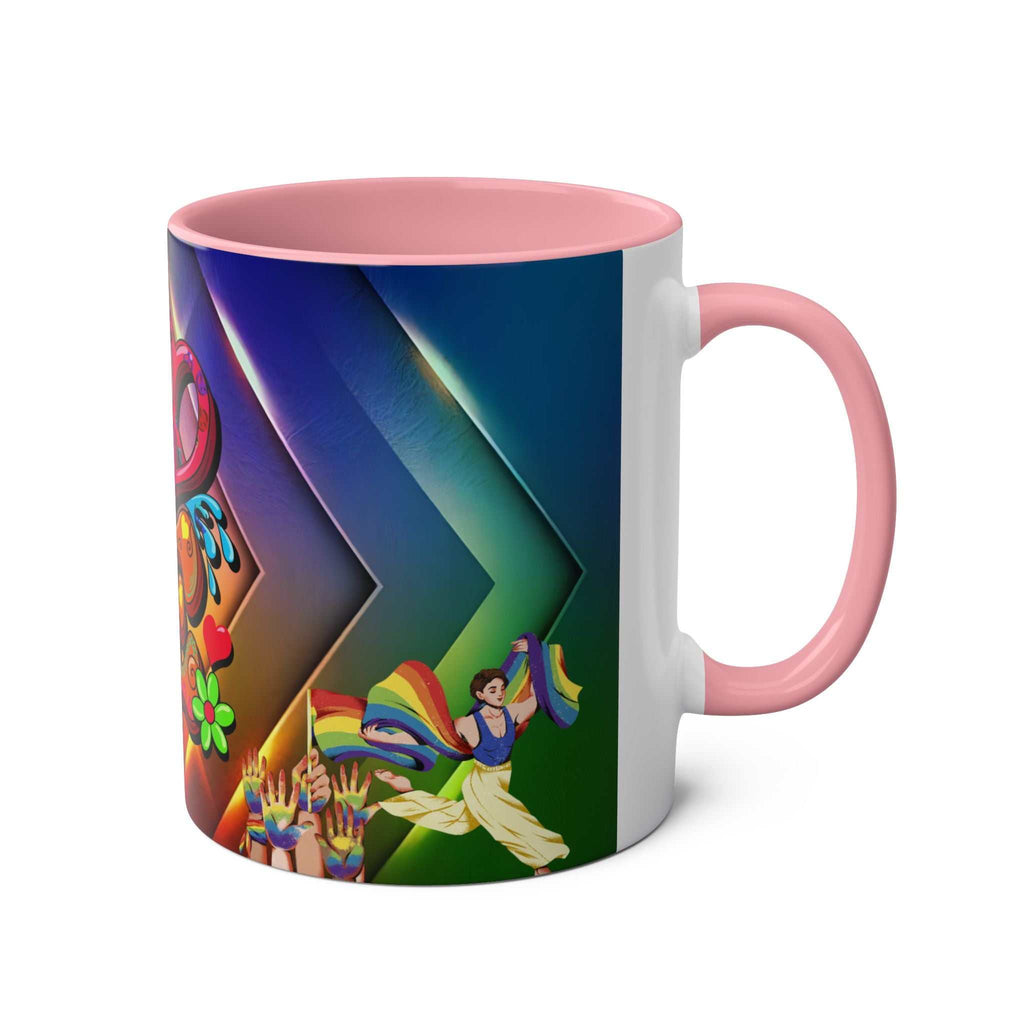 LGBTQ+ Pride mug with vibrant rainbow design and colorful graphics, celebrating love and diversity.