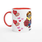 Cute Minions personalised Valentine Day mug with vibrant design and custom name.