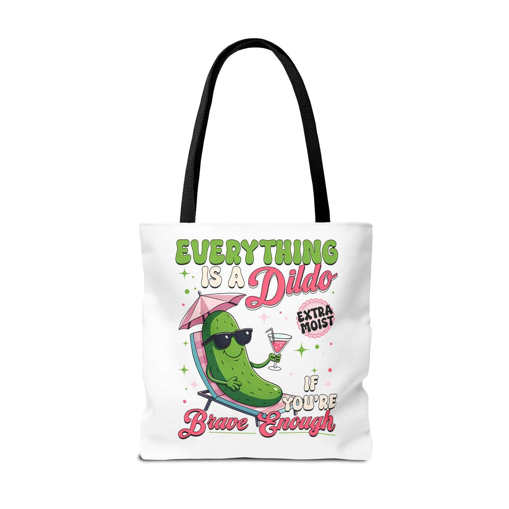 Cheeky Quote Pickle Tote Bag with fun design, durable spun polyester, multiple sizes and handle colors, perfect for shopping and casual use