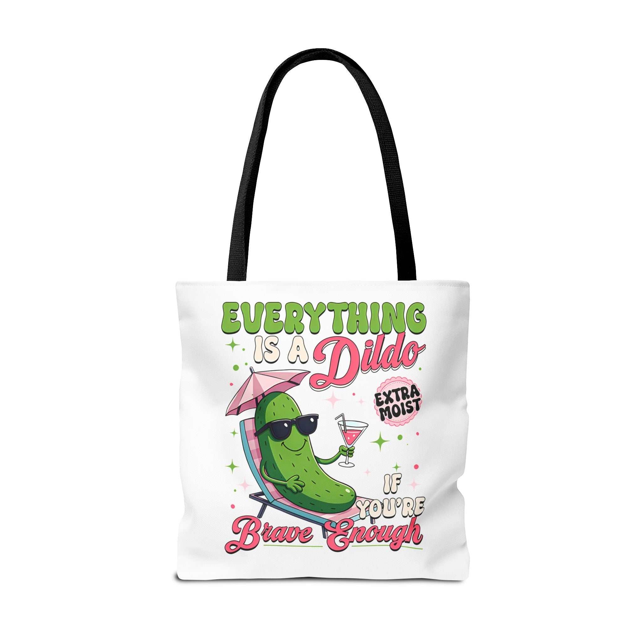 Cheeky Quote Pickle Tote Bag with fun design, durable spun polyester, multiple sizes and handle colors, perfect for shopping and casual use
