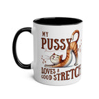 Cheeky Fun Coffee Mug with playful cat stretch design, black handle and interior, 11oz ceramic, glossy finish