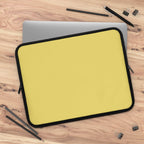 Lemon yellow neoprene laptop sleeve with black trim, soft foam lining, dual zipper, lightweight and waterproof protection for 13-17 inch laptops