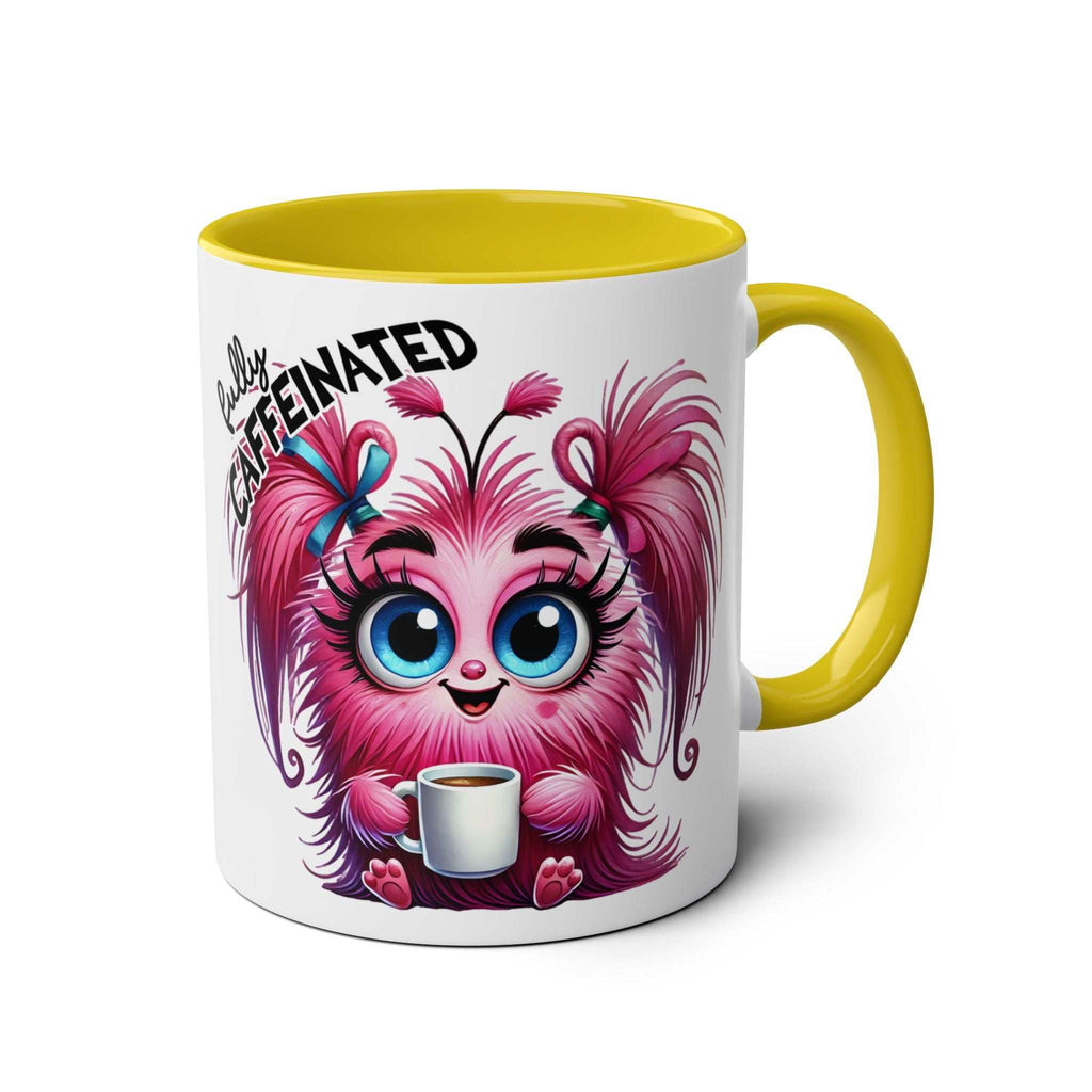 Fun Sarcastic Coffee Mug with colorful cartoon design, yellow handle, and "Fully Caffeinated" text.