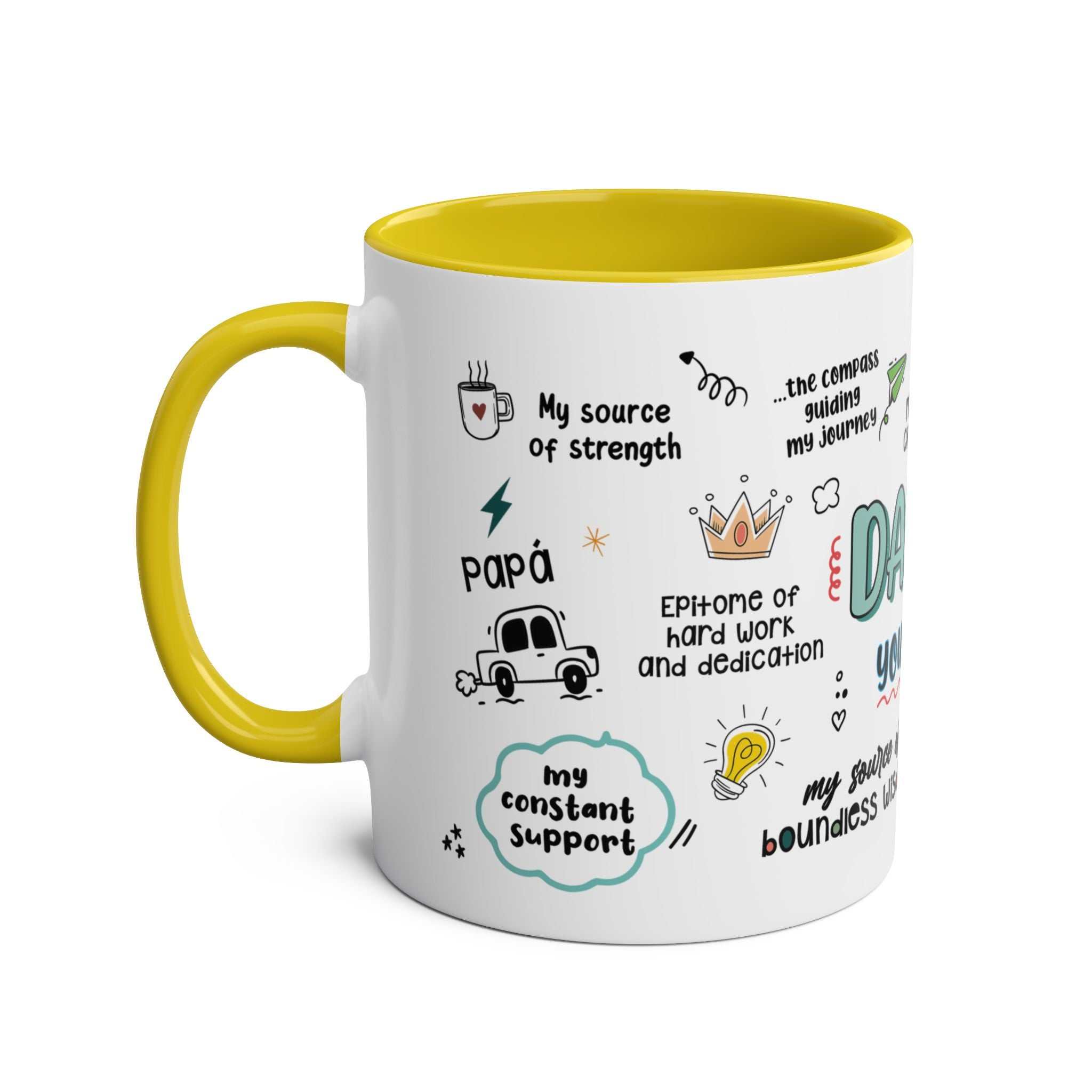 Fathers Day Gift Mug with colorful illustrations and yellow handle.