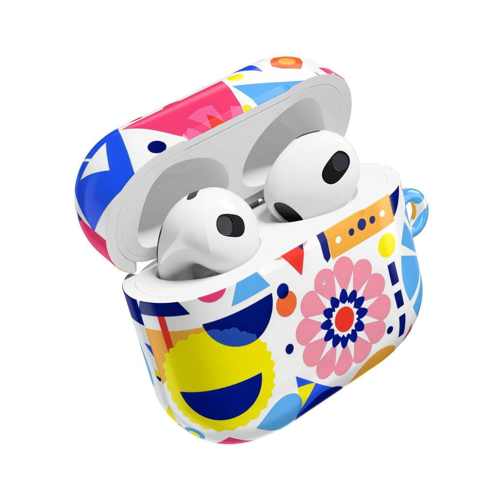 Bright geometric print protective hard shell case for AirPods and AirPods Pro with vibrant colorful design