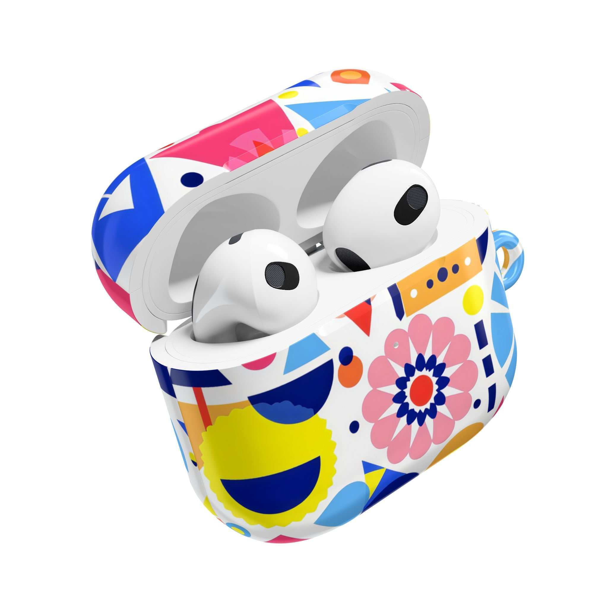 Bright geometric print protective hard shell case for AirPods and AirPods Pro with vibrant colorful design