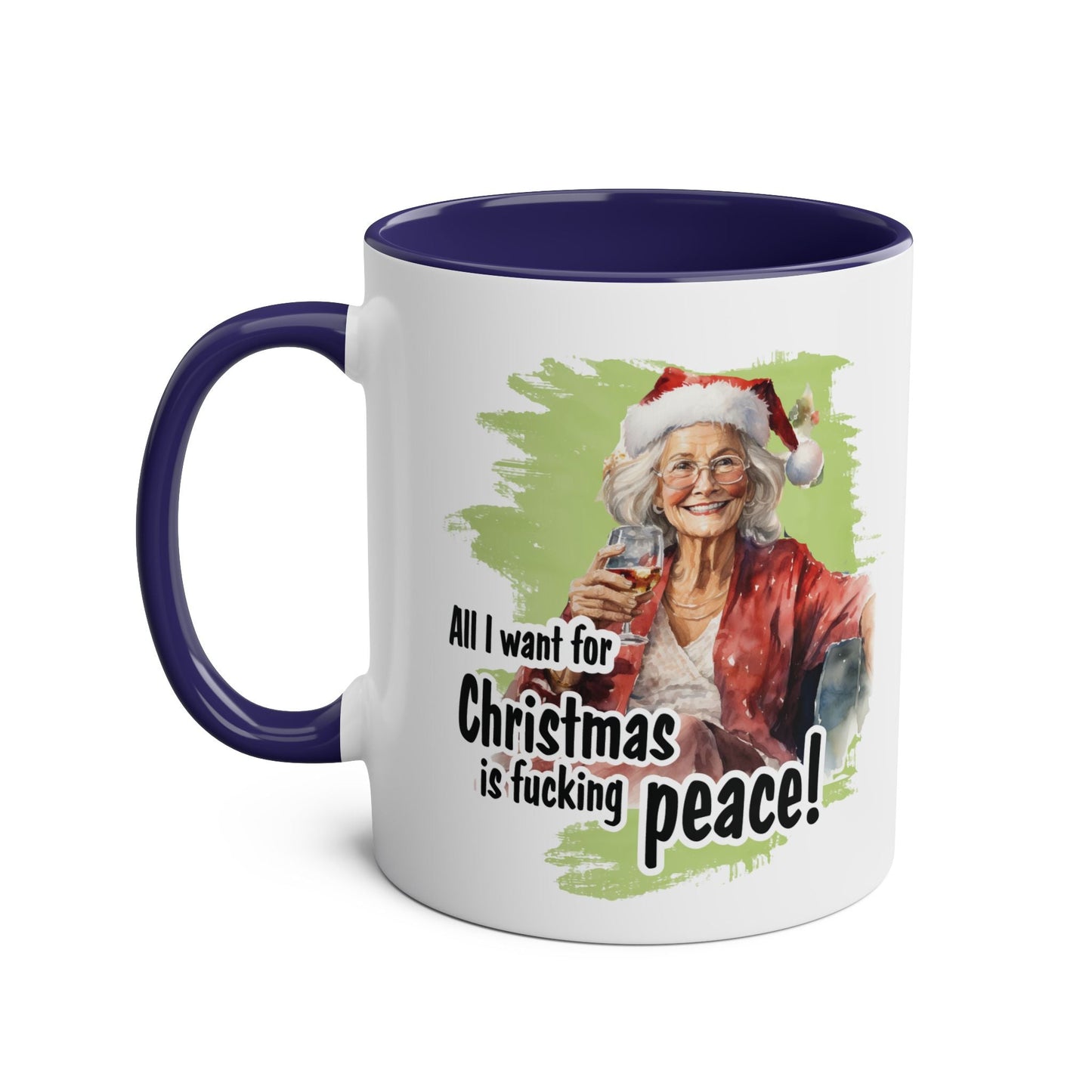 Festive Sweary Granny Christmas Mug with humorous text and Santa hat design, ceramic, glossy finish, dishwasher safe.