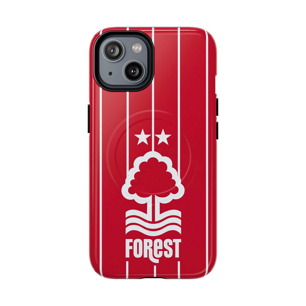 Nottingham Forest MagSafe iPhone case in red with white club crest and stripes, dual-layer protective design, and MagSafe compatibility
