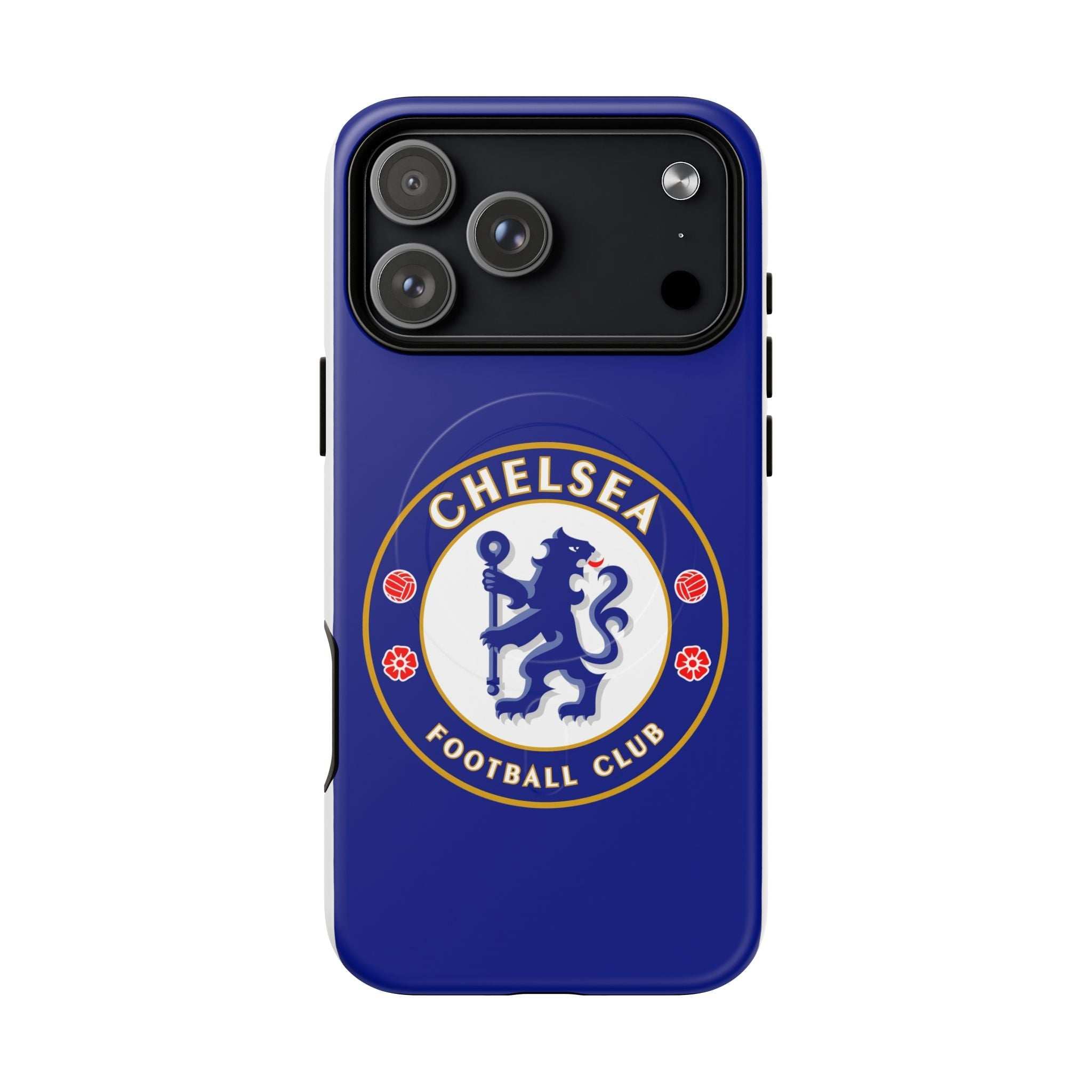 Chelsea FC MagSafe iPhone case with royal blue color and football club crest, dual-layer protective design, compatible with MagSafe accessories.
