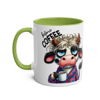 Fun sarcastic coffee mug with humorous cow illustration and green handle.