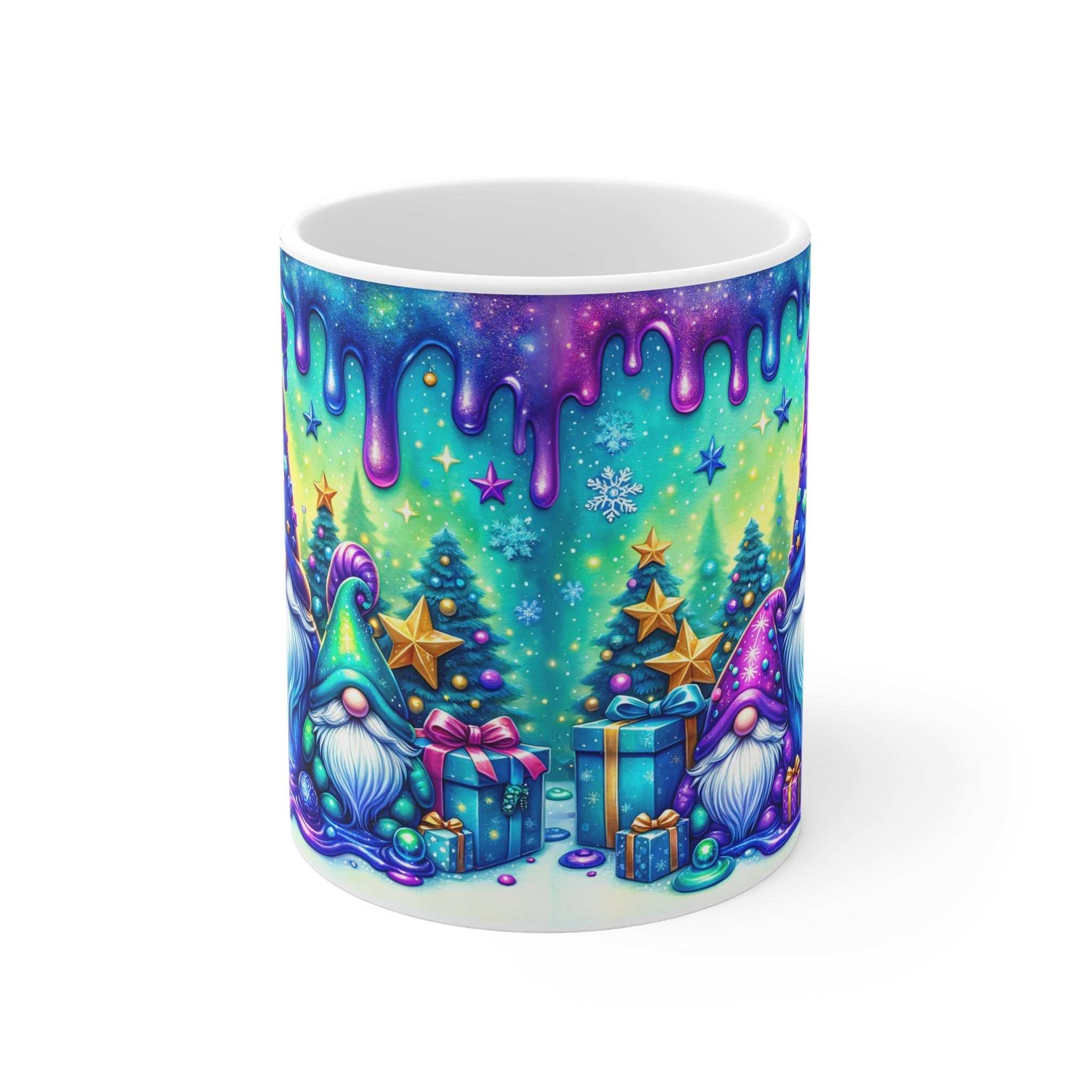 Christmas Gnome Mug with festive design, 11oz ceramic, glossy finish, microwave and dishwasher safe.