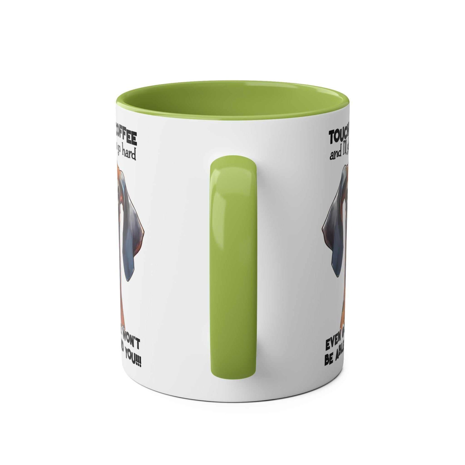 Dog-themed green and white coffee mug with playful design and glossy finish.