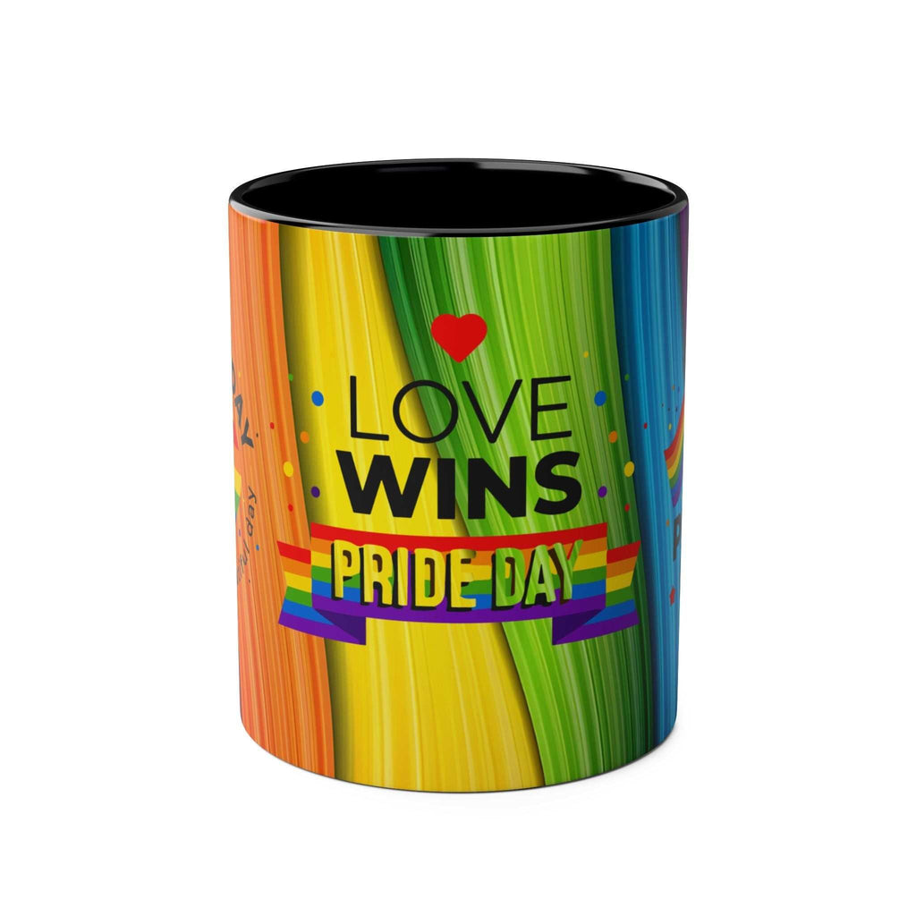 LGBTQ+ Pride mug with vibrant rainbow design and "Love Wins" text.