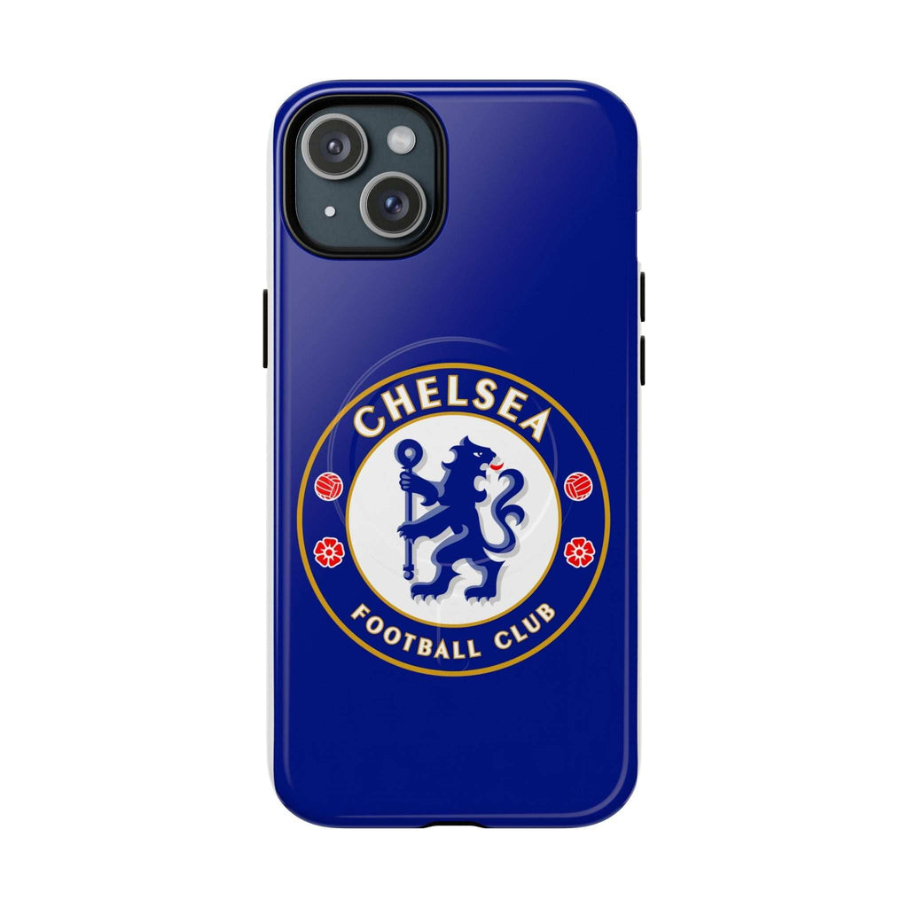 Chelsea FC MagSafe iPhone case with royal blue color and official-inspired crest, durable dual-layer protection, and wireless charging compatible