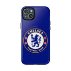 Chelsea FC MagSafe iPhone case with royal blue color and official-inspired crest, durable dual-layer protection, and wireless charging compatible
