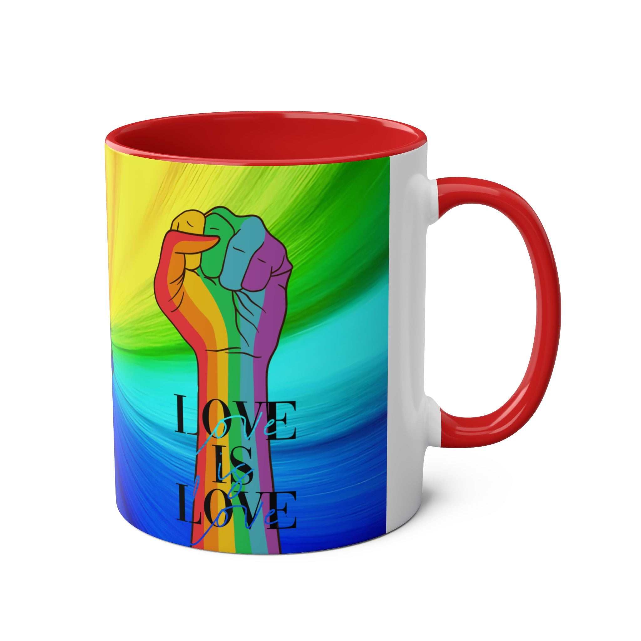 LGBTQ+ Pride Mug with vibrant rainbow design and red interior.