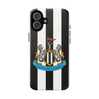 Newcastle United MagSafe iPhone case with black and white stripes and club crest, dual-layer protection, MagSafe compatible.