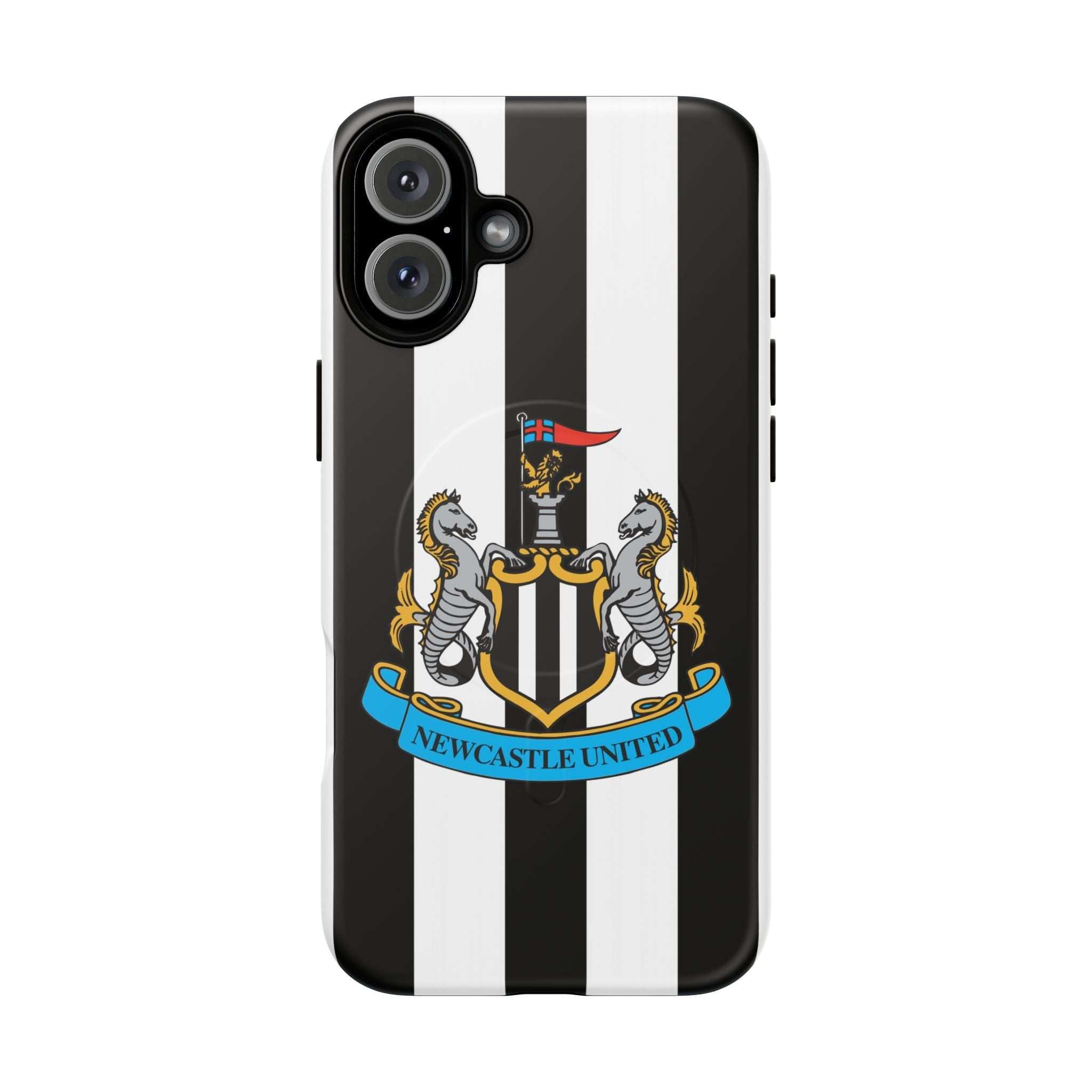 Newcastle United MagSafe iPhone case with black and white stripes and club crest, dual-layer protection, MagSafe compatible.