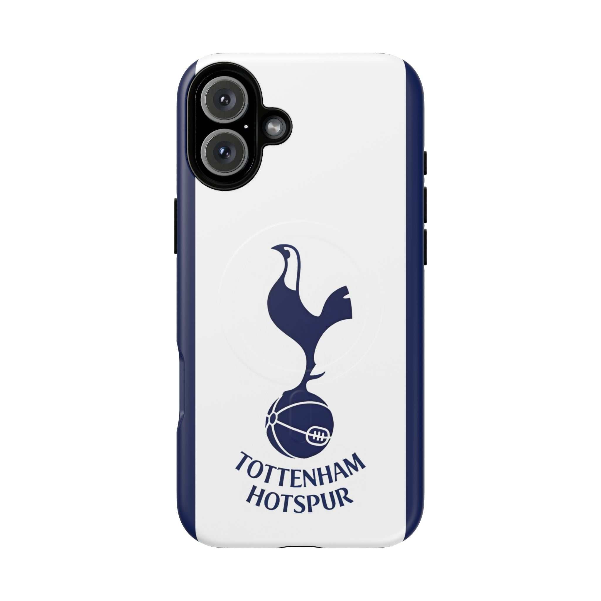 Tottenham FC MagSafe iPhone case with navy and white colors and Spurs crest, durable dual-layer protection, MagSafe compatible.