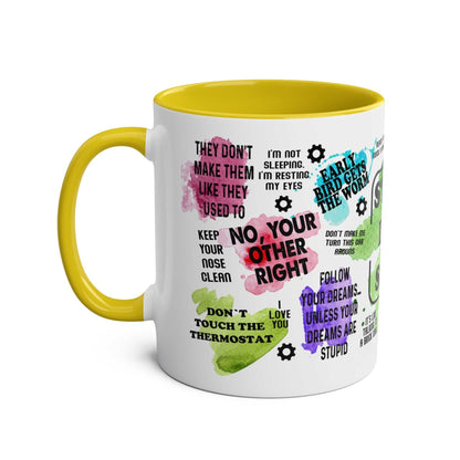 Fun Fathers Day Gift Mug with colorful text and graphics, yellow handle and interior, perfect for dads.