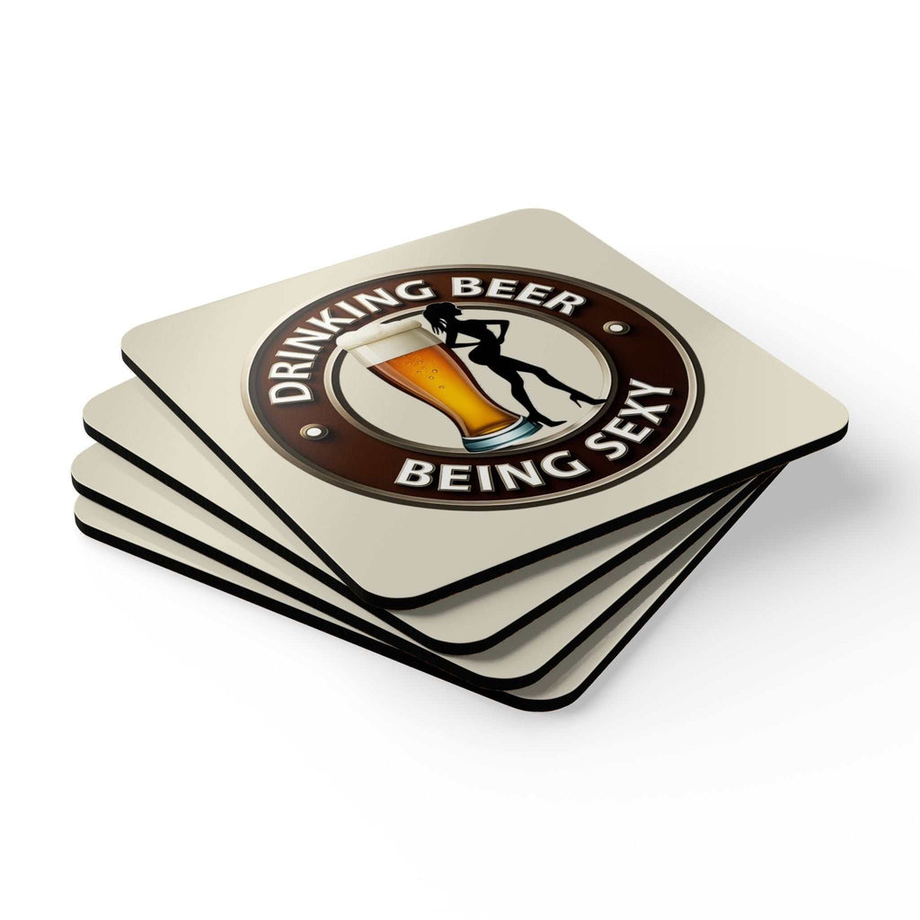 Sexy coaster set with high-gloss MDF, cork back, and playful beer design.