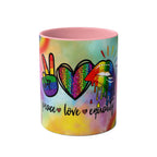 LGBTQ+ Pride mug with vibrant rainbow design and peace, love, equality symbols.