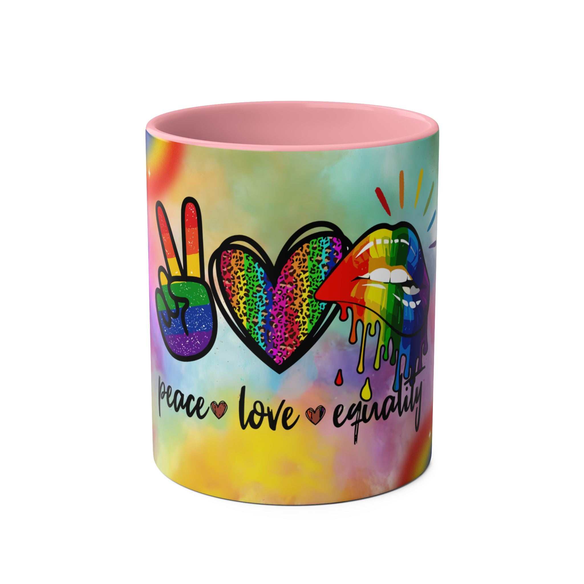 LGBTQ+ Pride mug with vibrant rainbow design and peace, love, equality symbols.