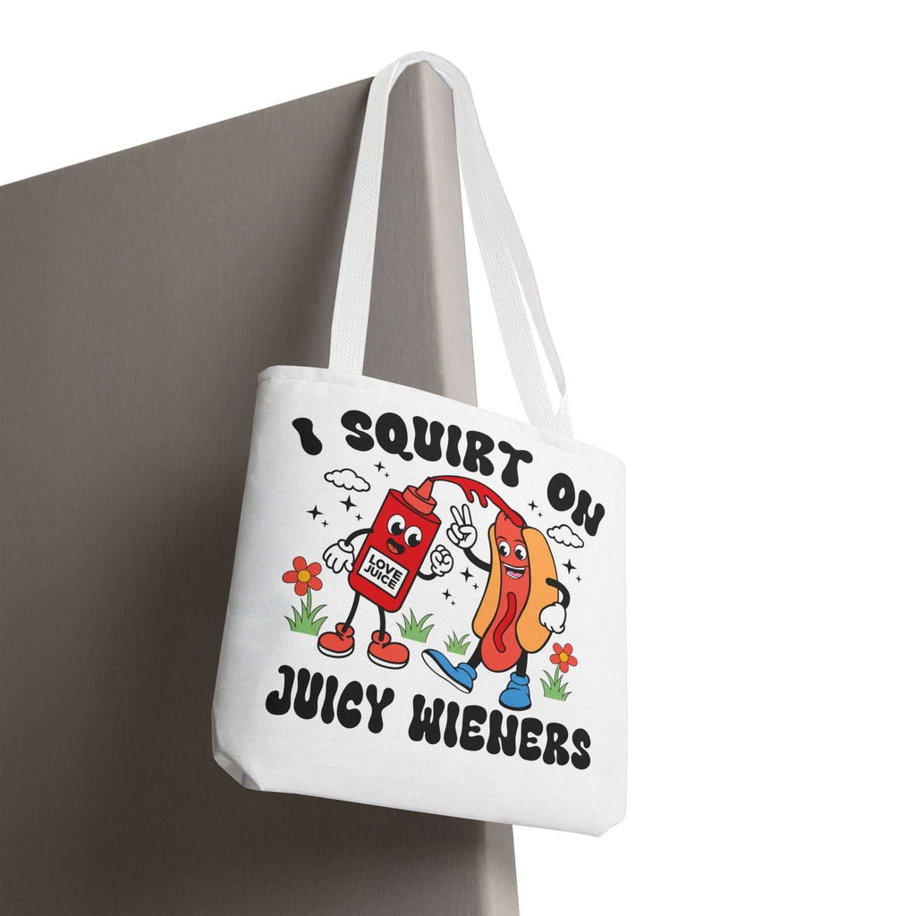 Juicy Wieners Fun Tote Bag with cheeky hot dog design and durable fabric