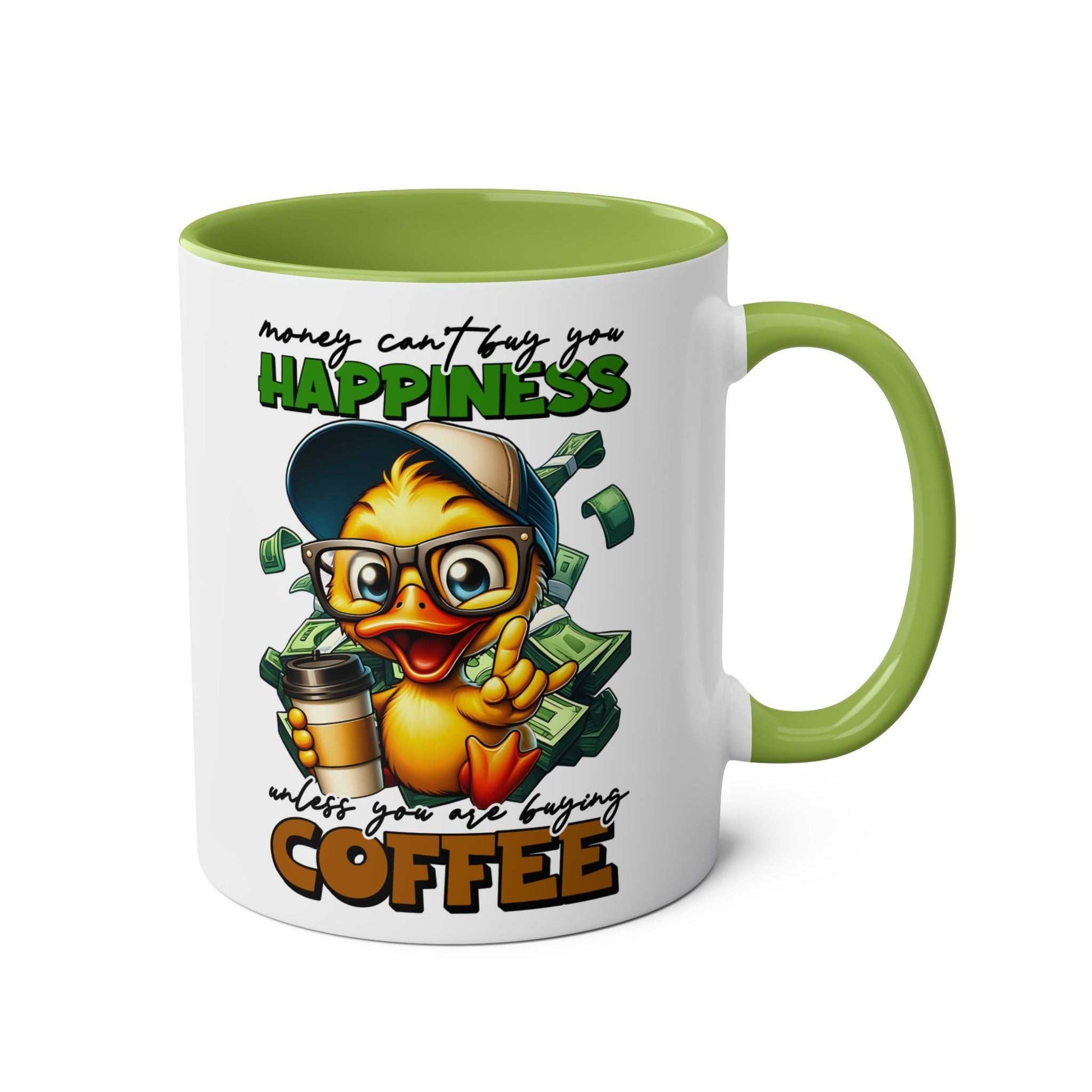 Playful Happiness Coffee Mug with cheerful duck illustration and green accents.