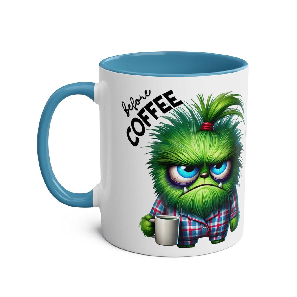 Fun sarcastic coffee mug with colorful character and "before coffee" message.