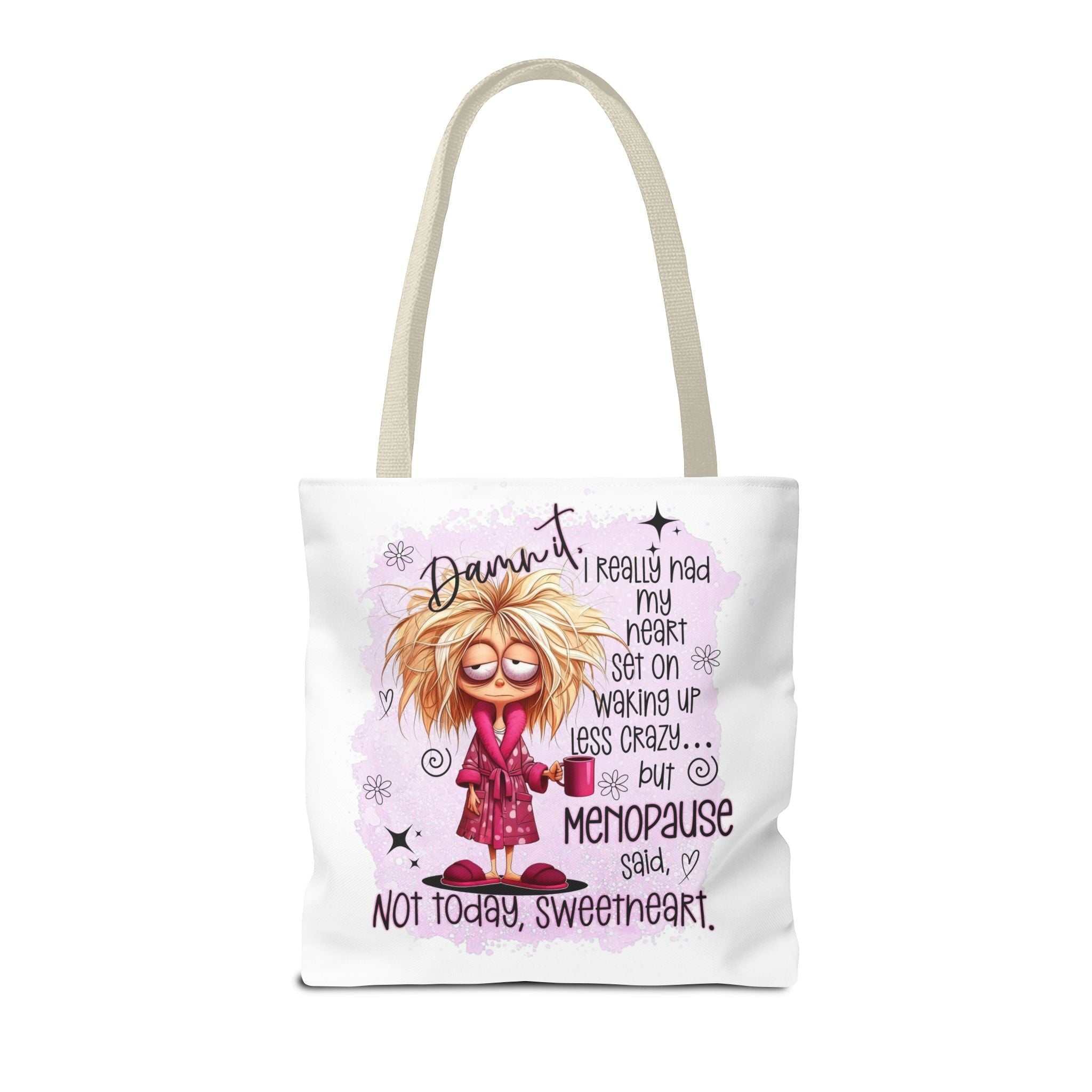 Cheeky menopause humour tote bag with durable spun polyester, available in three sizes and multiple handle colors, perfect for daily use.
