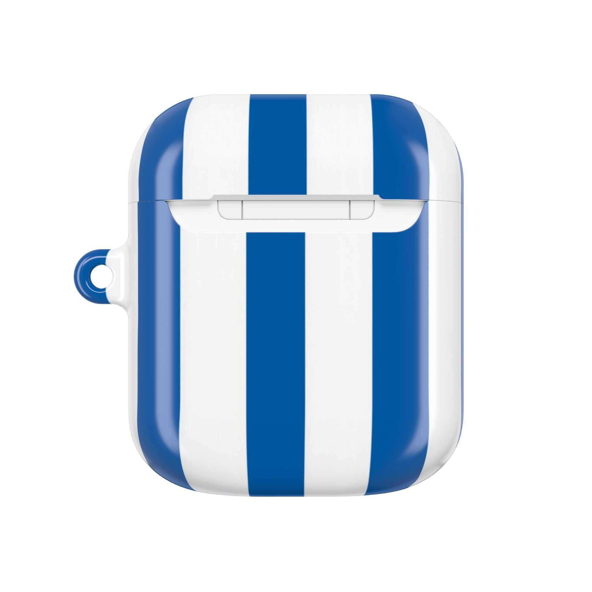 Brighton FC AirPods protective case with blue and white stripes, shock-resistant and compatible with wireless charging