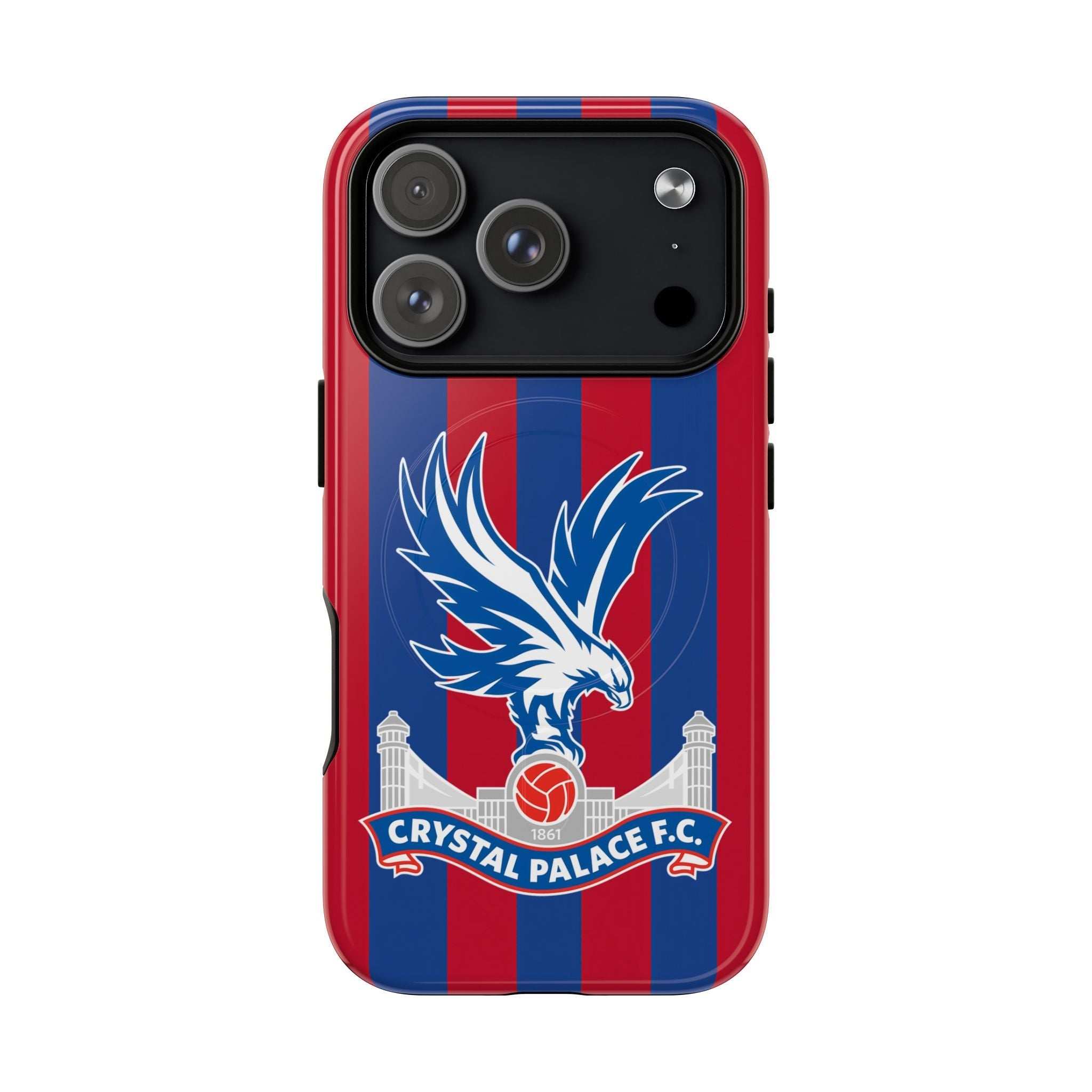 Crystal Palace MagSafe iPhone case with red and blue stripes and eagle crest design, dual-layer protection and MagSafe compatibility