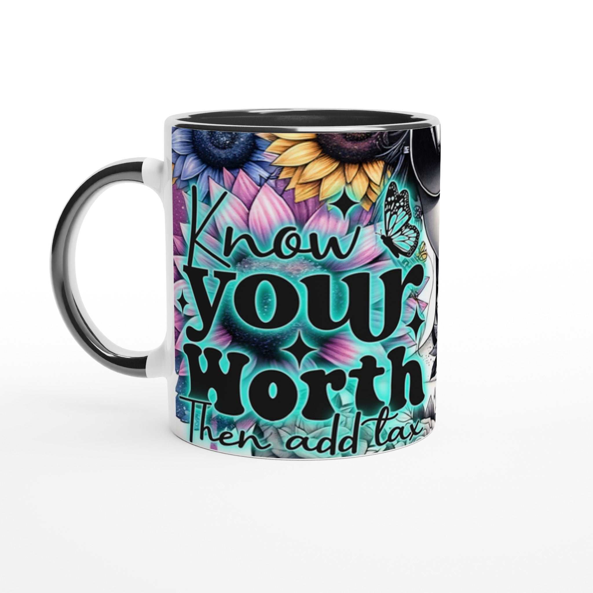 Know Your Worth motivational coffee mug with vibrant floral design, 11oz ceramic, black rim and handle.
