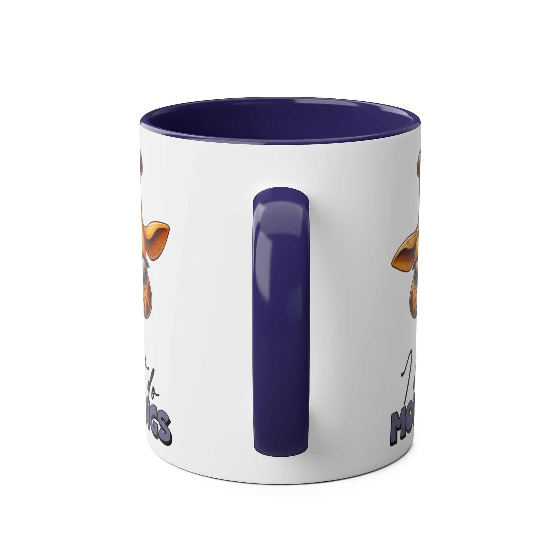 Dont Do Mornings Coffee Mug with playful giraffe design, glossy finish, 11oz ceramic, available in 7 colors.