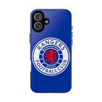 Rangers FC MagSafe iPhone case in royal blue with football club crest, dual-layer protection, and MagSafe compatibility.